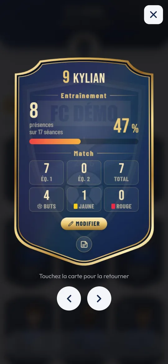 Dos d'une carte joueur : présences, matchs, buts et cartons