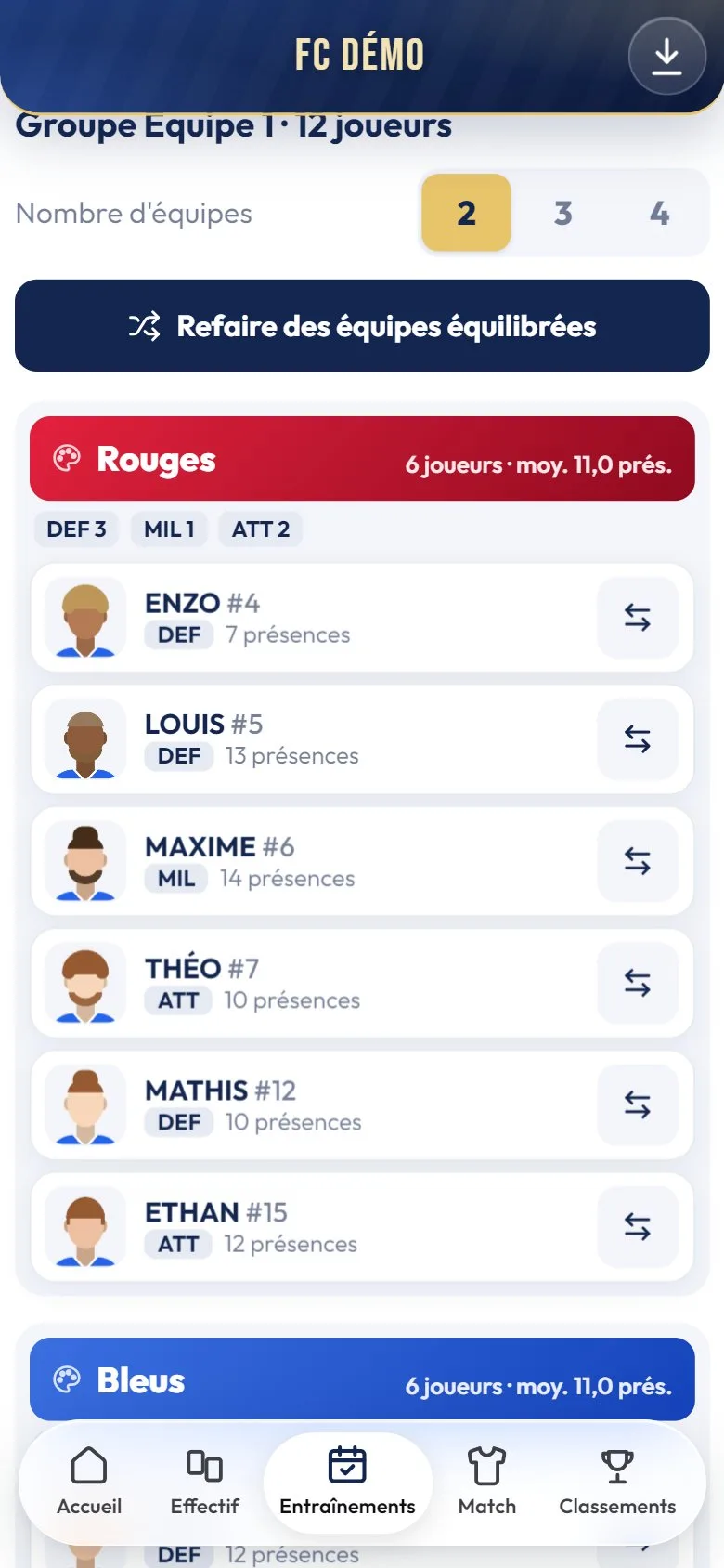 Équipes du jour Rouges et Bleus, équilibrées selon les postes et les présences
