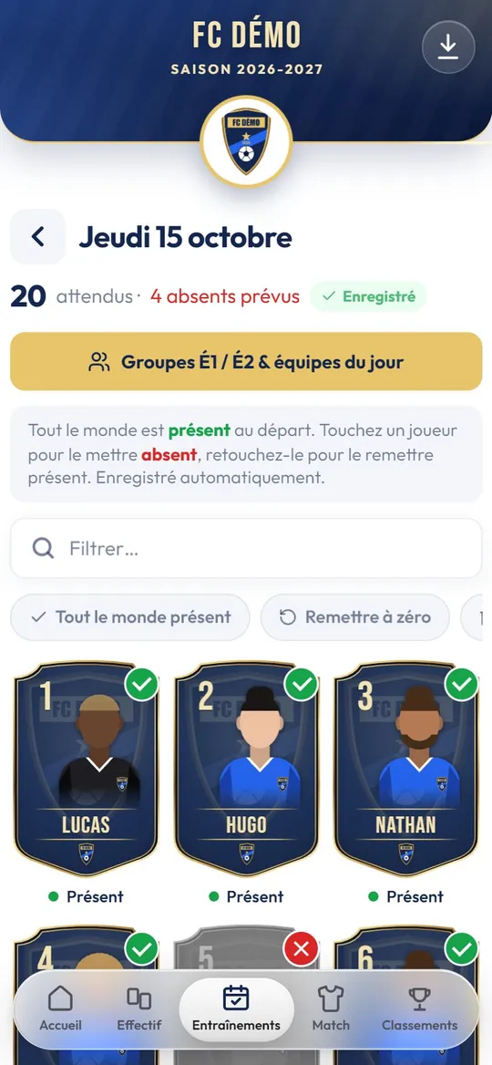 Écran d'appel d'une séance d'entraînement : cartes des joueurs avec Présent ou Absent