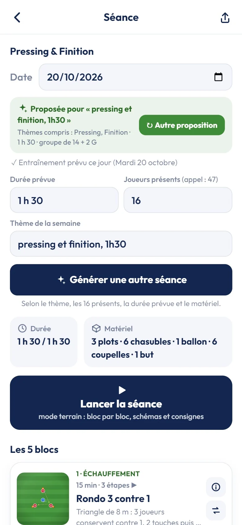 Une séance de 1 h 30 en 5 blocs, proposée pour le thème pressing et finition