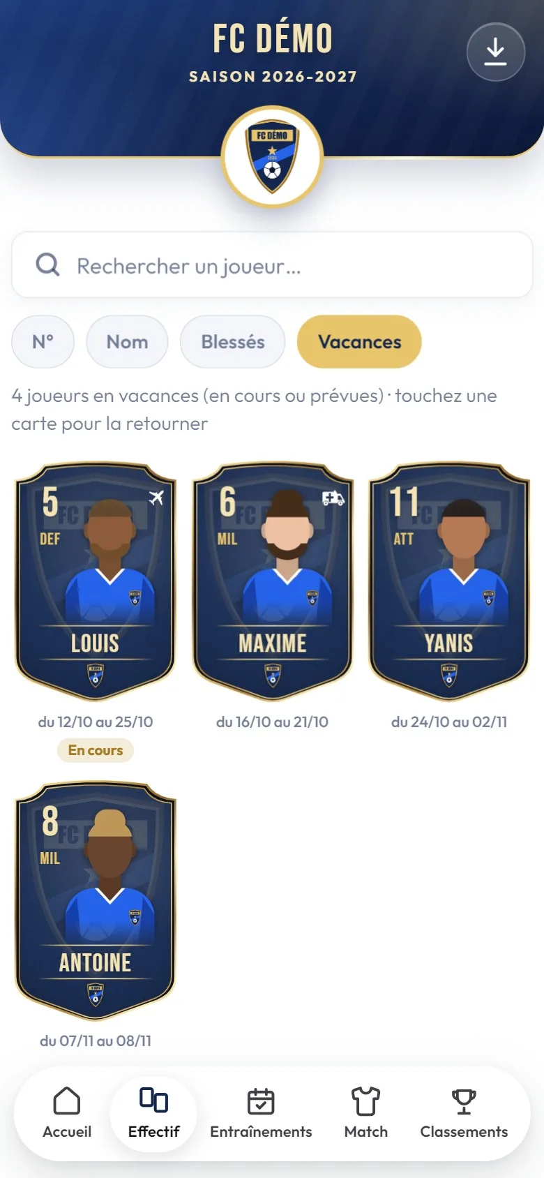 Filtre Vacances de l'effectif, avec les dates sous chaque carte